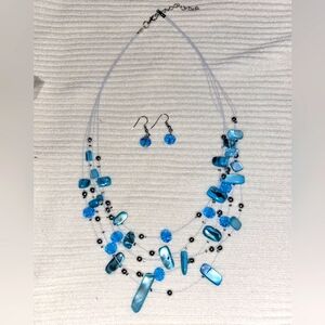 Blue And Teal Beaded Necklace and Earring Set Suspended Invisible Necklace